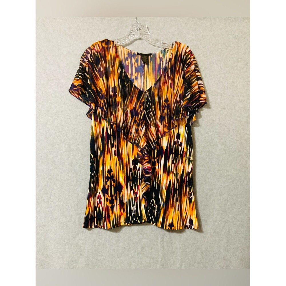 Susan Lawrence Black Multi Ruffle-Front V-Neck Blouse Sz L